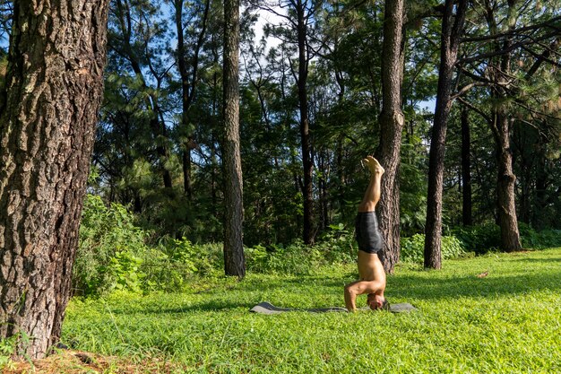 Giovane che fa yoga o reiki nella foresta molto verde vegetazione in messico guadalajara bosque colomos ispanico