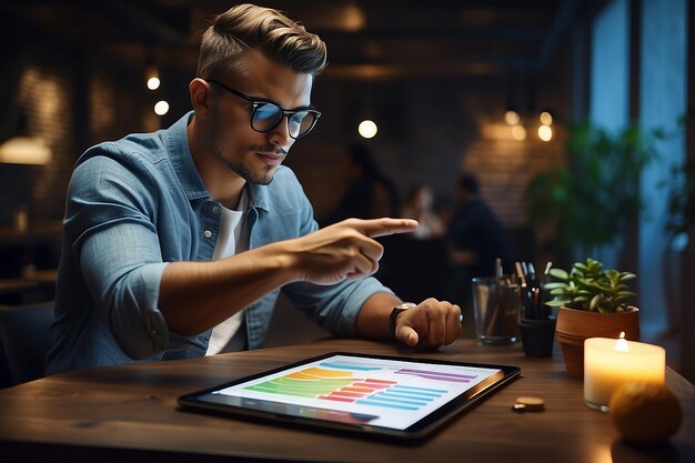 Giovane che indica il concetto di piano di marketing su un tablet