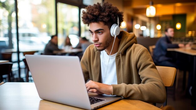Giovane che lavora su un laptop, ragazzo freelance o studente con un computer in un caffè al tavolo.