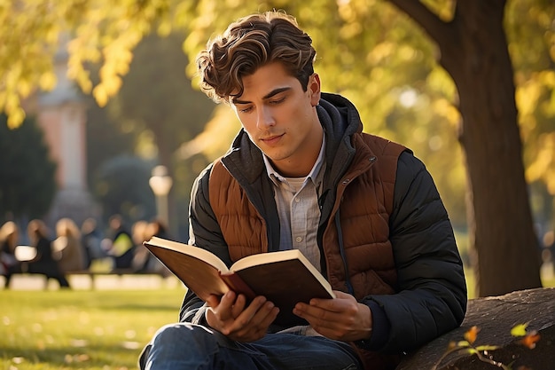 Giovane che legge un libro nel parco verde