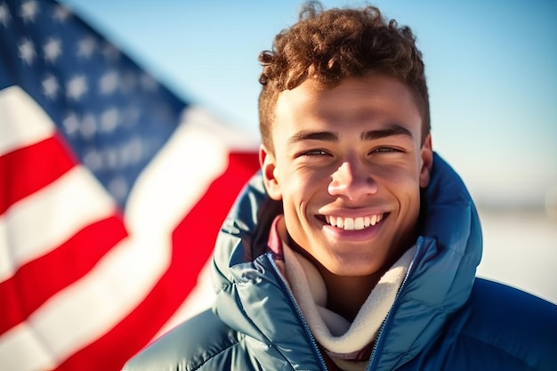 Giovane che posa con l'espressione facciale seria con il fondo della bandiera americana