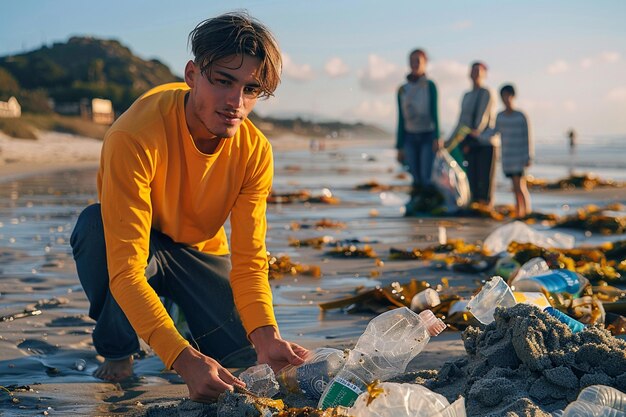 Giovane che raccoglie rifiuti di plastica sulla spiaggia Concetto di inquinamento ambientale