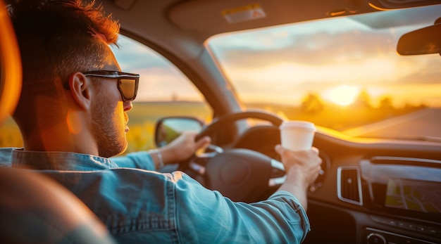 Giovane che si gode di un'alba panoramica mentre guida con una tazza di caffè su una strada bellissima