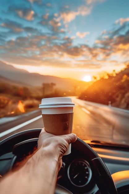 Giovane che si gode di un'alba panoramica mentre guida con una tazza di caffè su una strada bellissima