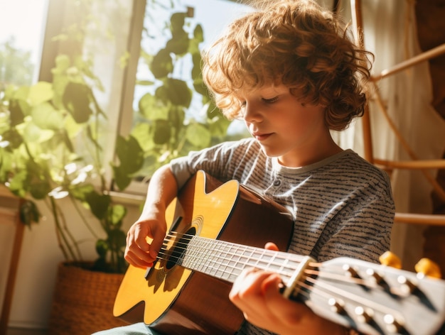 Giovane che suona la chitarra acustica in una stanza IA generativa