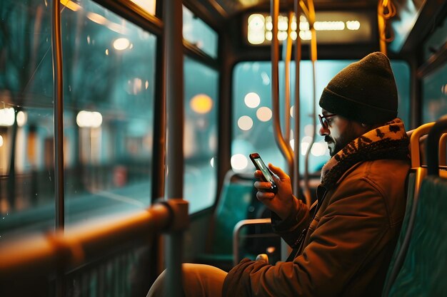 Giovane che usa il telefono cellulare nei trasporti pubblici di notte scena urbana