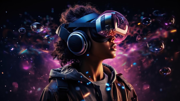 Giovane che usa un auricolare di realtà virtuale VR gadget del futuro tecnologia istruzione online studio del concetto di videogioco