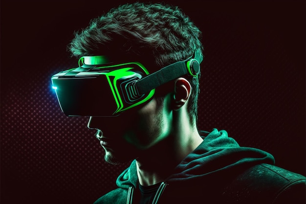 Giovane che utilizza il concetto di tecnologia dei gadget del futuro VR delle cuffie per realtà virtuale VR