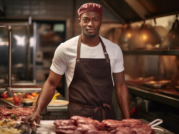 Giovane chef africano sicuro di sé in una cucina professionale