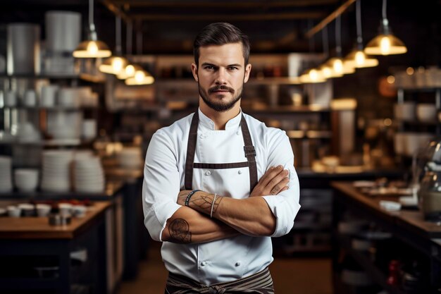 giovane chef che posa molto serio davanti a una telecamera in cucina