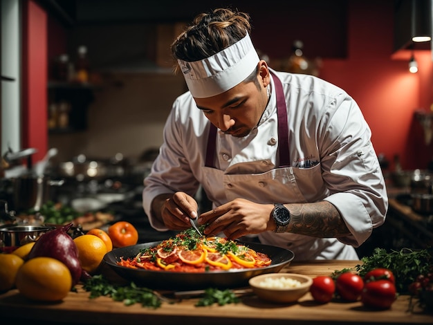 Giovane chef che prepara un delizioso piatto in cucina