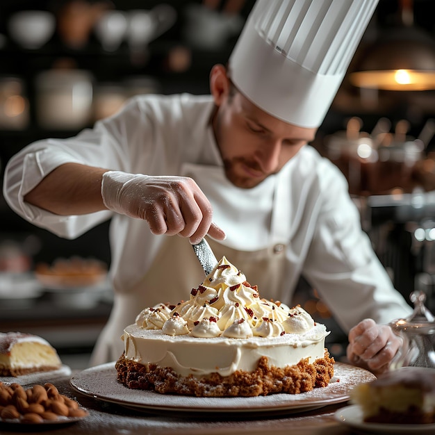 Giovane chef maschio che scolpisce una torta elaborata per una celebrazione