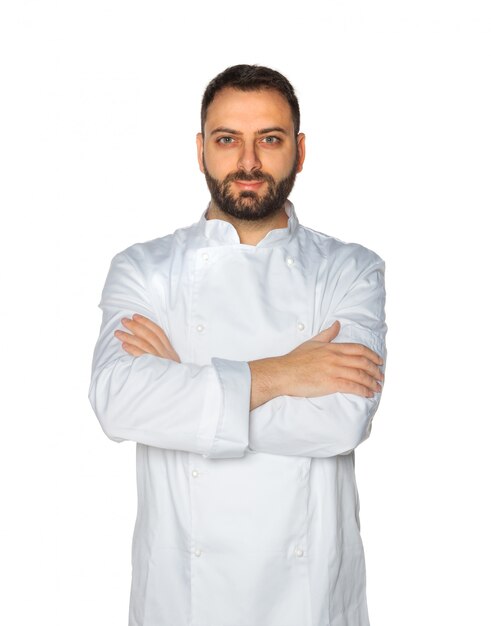 Giovane chef su sfondo bianco.