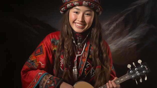Giovane cinese sorridente in abito tradizionale che si gode la sua musica tradizionale preferita in Cina