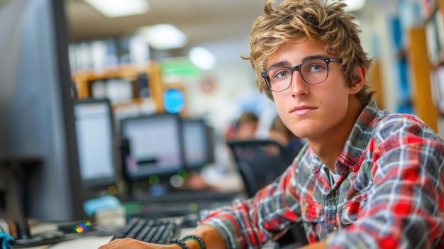 Giovane con gli occhiali che lavora al computer