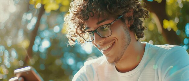 Giovane con i capelli ricci che sorride brillantemente usando lo smartphone in un ambiente all'aperto soleggiato