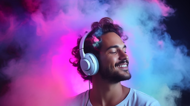 Giovane con le cuffie che ascolta musica sullo sfondo al neon