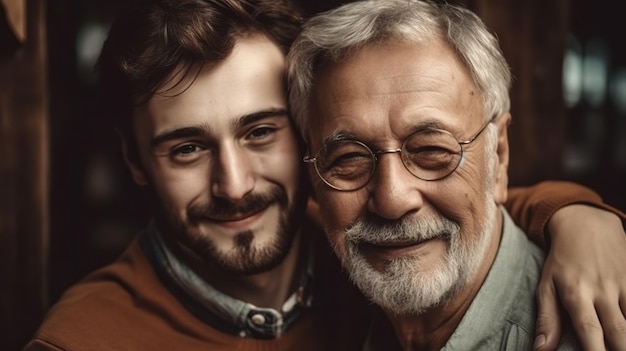 Giovane con padre più anziano che stringe a sé insieme Felice festa del papà