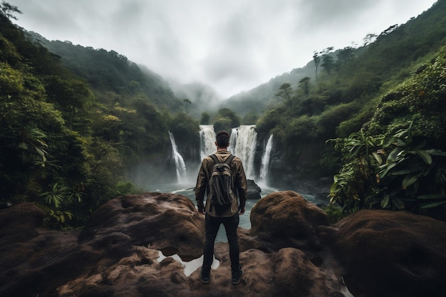 Giovane con una bellissima cascata nella fotografia del paesaggio della giungla