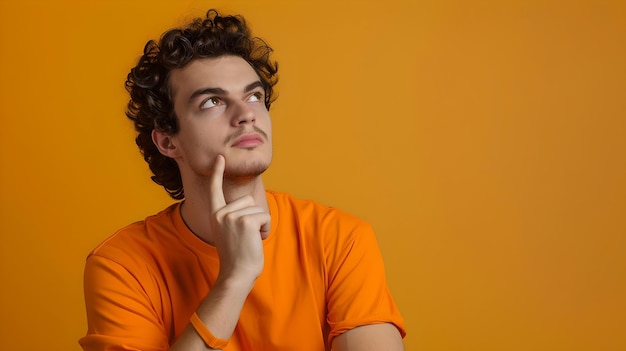 Giovane contemplativo con camicia arancione espressione pensativa ritratto in stile casuale uomo pensante su sfondo giallo AI