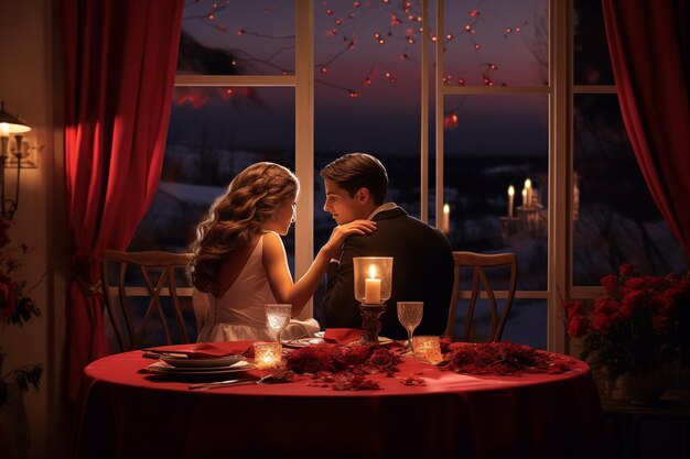 Giovane coppia a cena romantica in una stanza decorata