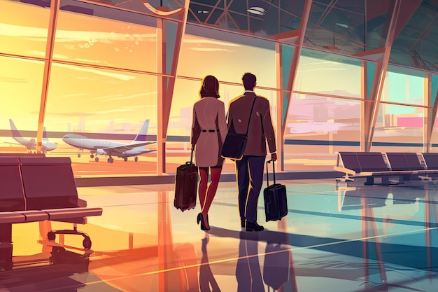 Giovane coppia all'aeroporto Opere d'arte concettuali sulle vacanze e sui viaggi