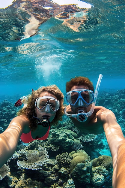 Giovane coppia caucasica che si tuffa in mare facendo snorkeling in Australia