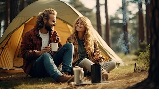 Giovane coppia che fa un picnic seduto vicino a un falò e una tenda Bere caffè nella pineta