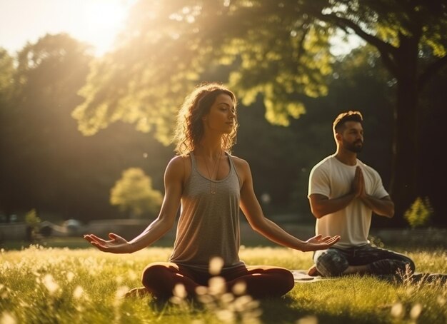 Giovane coppia che fa yoga al tramonto Stile di vita sano