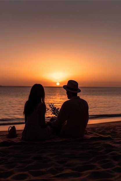 Giovane coppia che si abbraccia guardando il tramonto sulla spiaggia