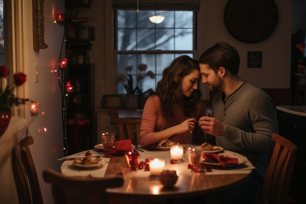 Giovane coppia con cena romantica a casa