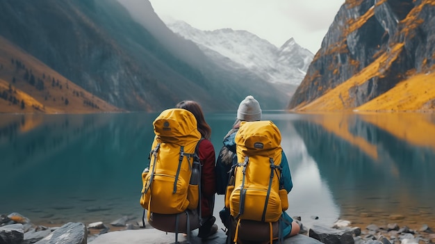 Giovane coppia con zaini da trekking davanti a un paesaggio con un lago Creato con la tecnologia Generative AI