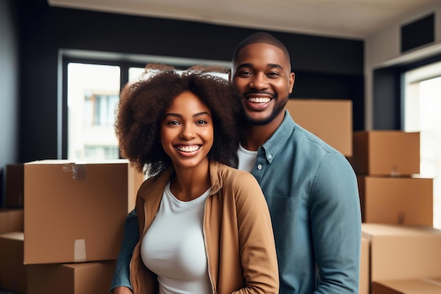 Giovane coppia felice di sposi neri nella loro nuova casa dopo essersi trasferita Disimballare le scatole dopo essersi trasferita in un nuovo appartamento Proprietà in affitto con mutuo per i nuovi proprietari di casa