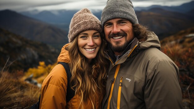 giovane coppia felice in abiti da inverno che fa selfie con il loro bellissimo paesaggio di montagna