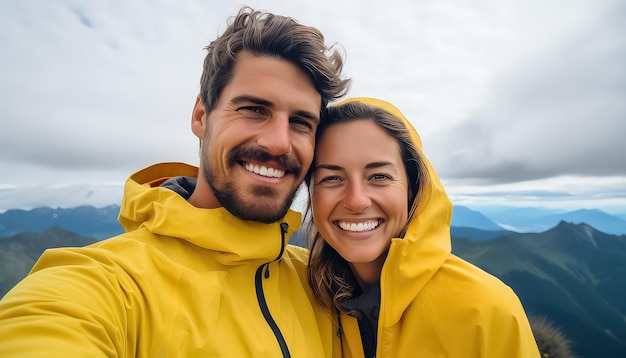 Giovane coppia in giacche gialle che scatta selfie in montagna