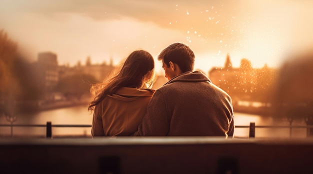 Giovane coppia innamorata seduta su una panchina contro l'alba con vista sulla città