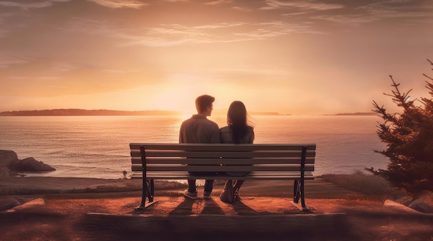 Giovane coppia innamorata seduta su una panchina contro l'alba sul mare