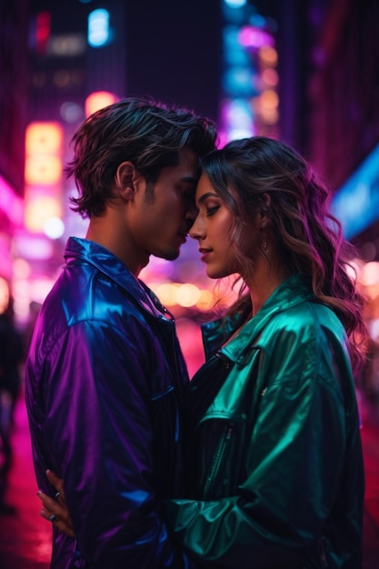 Giovane coppia innamorata sullo sfondo di una città al neon