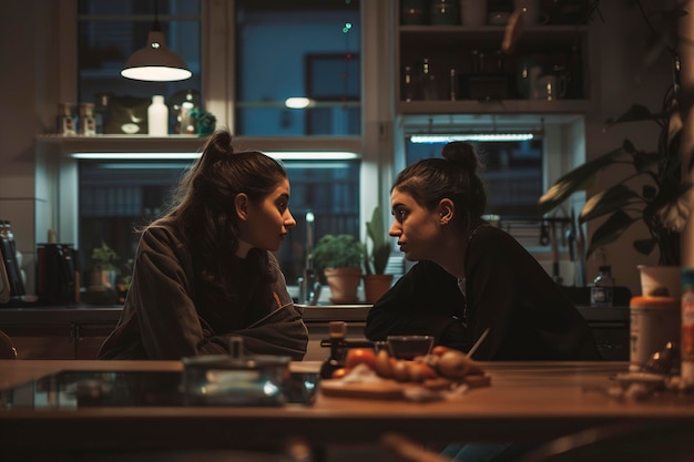 Giovane coppia lesbica seduta a tavola