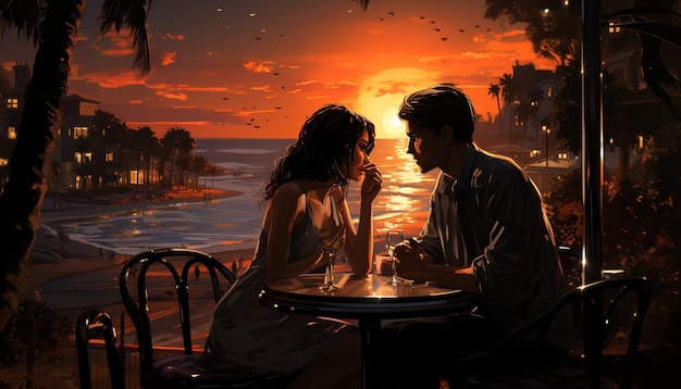 Giovane coppia seduta a un tavolo godendosi un romantico tramonto generato dall'intelligenza artificiale