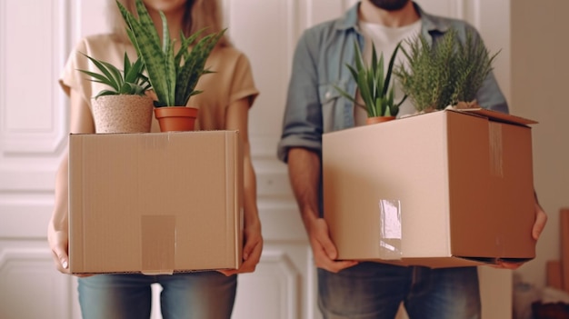 Giovane coppia sposata che si trasferisce in un appartamento in affitto con scatole camera confortevole con piante d'appartamento che si trasferiscono in una nuova casa dopo il restauro IA generativa