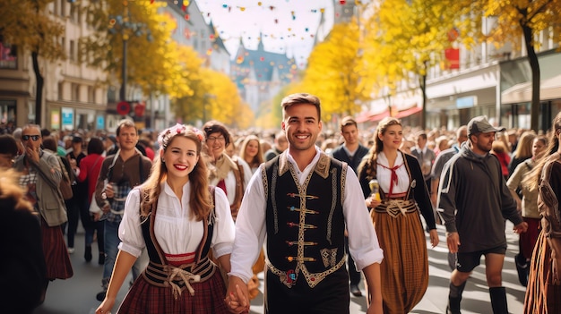 Giovane coppia tedesca che indossa abiti tradizionali alla parata dell'October Fest in Germania