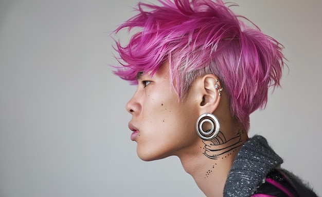 Giovane coreano dai capelli rosa con enormi orecchini metallici foto di moda