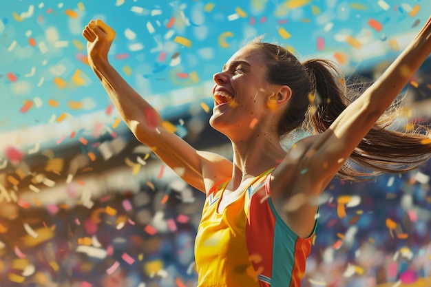 Giovane corridore atletica che celebra la sua vittoria in uno stadio generato dall'IA