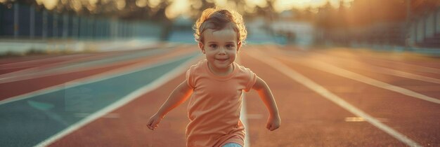 Giovane corridore Viaggio Bambino pieno di gioia ed energia Corse attraverso la pista atletica abbracciando la forma fisica sportiva e la ricerca di risultati nell'allenamento dello stadio