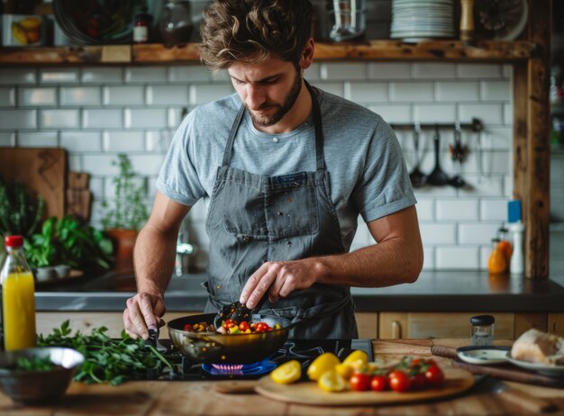 Giovane cuoco che cucina in cucina