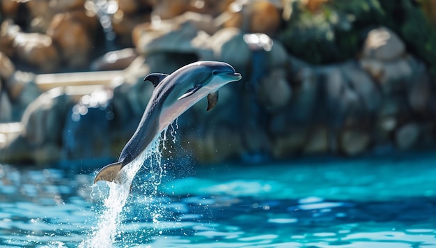 Giovane delfino che salta dal mare al tramonto Giornata mondiale degli animali acquatici