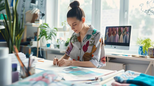 Giovane designer di moda che lavora nel suo studio circondata da tessuti colorati e schizzi È concentrata sul suo lavoro