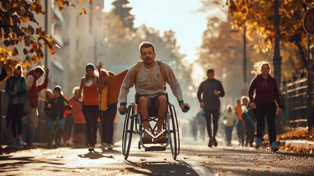 Giovane determinato in sedia a rotelle che corre una maratona con altri corridori in una strada della città