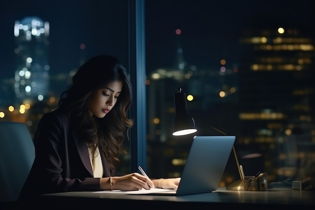 Giovane dirigente asiatico impegnato di una donna d'affari che lavora su un computer portatile di notte in un ufficio aziendale buio Manager di una donna d'affari professionale che utilizza il computer seduto al tavolo con vista serale della grande città